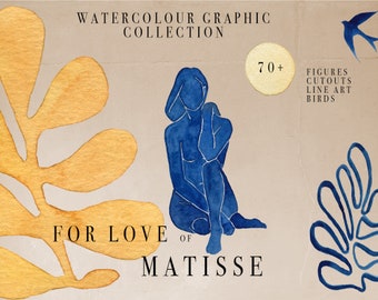 Matisse Cutouts Watercolor Clipart | Matisse, lineart, abstrakcyjne kształty, boho, minimalistyczny lineart, nowoczesny clipart, akwarela diy, ptaki, rośliny