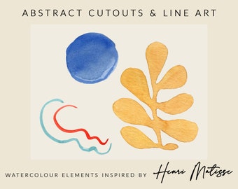 Matisse Botanical Cutouts & Abstract Watercolor Clipart | Matisse, lineart, boho, minimalistyczny, nowoczesny, akwarela diy, rośliny, kształty, sztuka liniowa