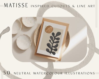 Zestaw wycinanek i abstrakcyjnych akwareli Matisse | Matisse lineart boho minimal diy rośliny kształty sztuka liniowa zaprasza karty Cyfrowy clipart PNG