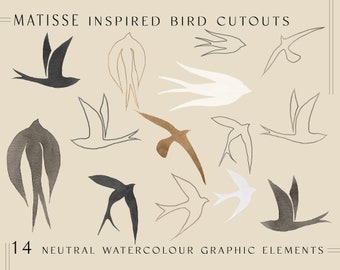 Matisse Bird Cutouts Watercolor Clipart | Matisse, lineart, boho, minimal lineart, modern clipart, akwarela diy, ptaki, Henri Matisse, PNG