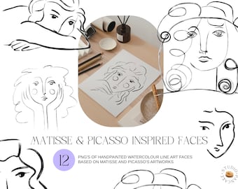 Matisse i Picasso inspirowane twarzami kobiet akwarelowe cliparty | Matisse lineart, boho minimalistyczny nowoczesny clipart, akwarela diy, Picasso