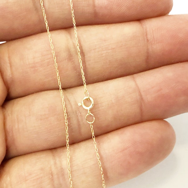 Cadena de eslabones trenzados de oro amarillo auténtico de 14 quilates (0,45 mm), fina y minimalista, para colgante o dije. Cadena fina de oro de 38 a 61 cm.