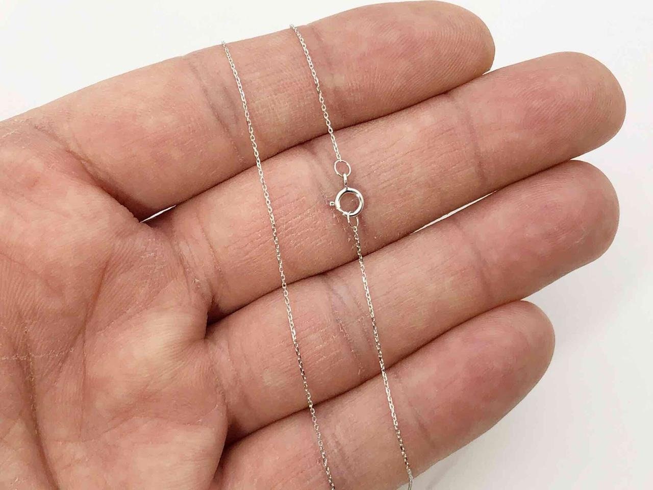 Cable Chain 14k Solid White Gold 16" 18" - 0.7mm - Dainty Minimalist Diamond cut Pendant Chain For Women - Genuine 14kt Gold
