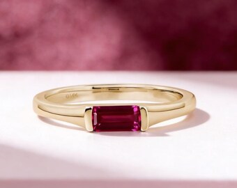 Pink Ruby Ring Rectangle Shaped July Birthstone Ring Minimalist Solitaire Ring Silver Engagement Ring