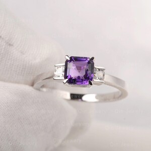 Purple Amethyst Ring Asscher Cut Engagement Ring Three Stone Ring for Women