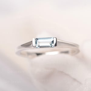 Natural Aquamarine Ring Baguette Solitaire Engagement Ring Minimalist Silver Ring for Women