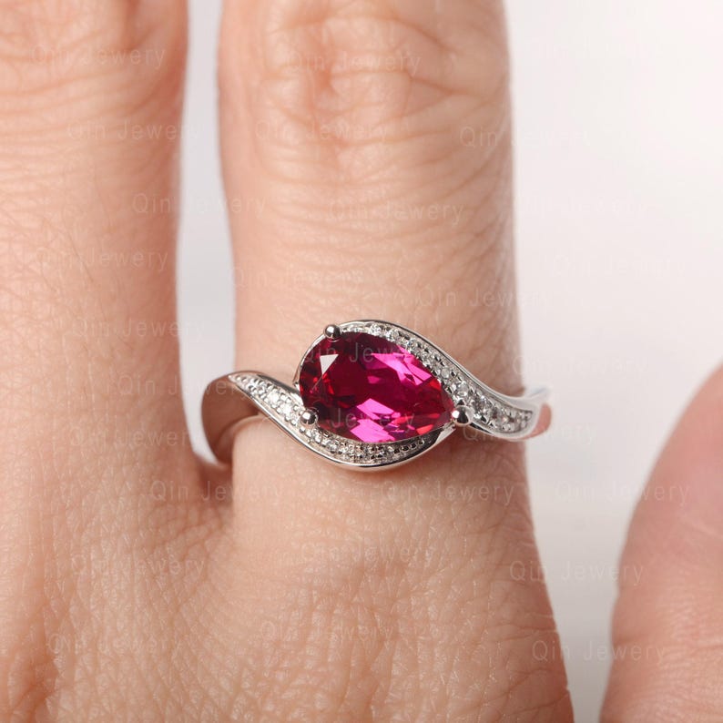 Pear Ruby Ring Solid Silver Cluster Ring Halo Promise Ring for Women image 3