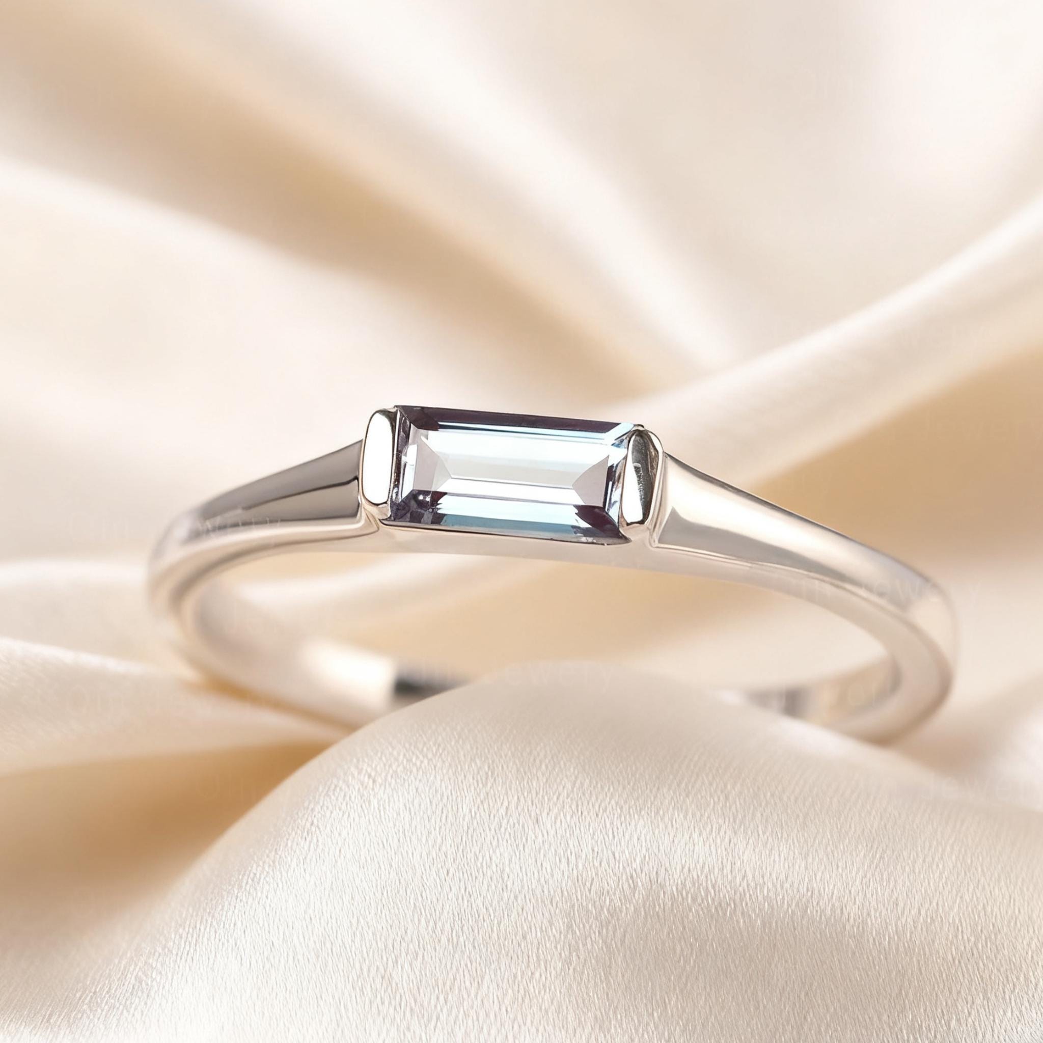 Minimalist Alexandrite Ring Baguette Shaped Solitaire Ring Color…