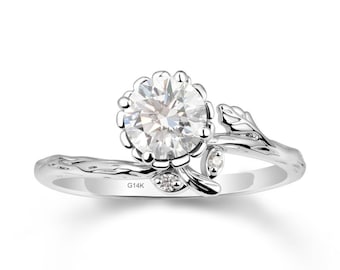 Vintage Round Cut 6*6mm 0.8CT Lab Diamond Leaf Flower Branch Inspired Engagement Ring Wedding Promise Ring Diamond Alternative Ring