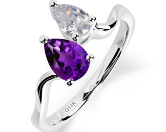 Toi Et Moi Amethyst Cubic Zirconia Engagement Ring Two Stone Wedding Promise Ring February Birthstone Unique Statement
