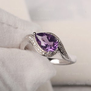 Pear Shaped Amethyst Ring Curved Band Halo Engagement Ring