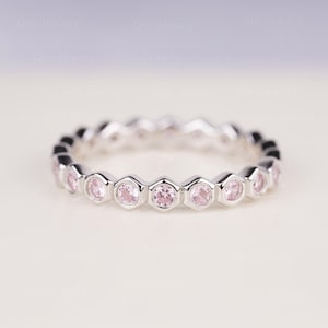 Pink Cubic Zirconia Stacking Eternity Ring Sterling Silver Lovely Pink Stone Hexagon Ring Band for Girls