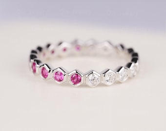 Personalized Delicate Ruby Cubic Zirconia Stacking Eternity Ring Band Sterling Silver Hexagon Bezel Ring for Women