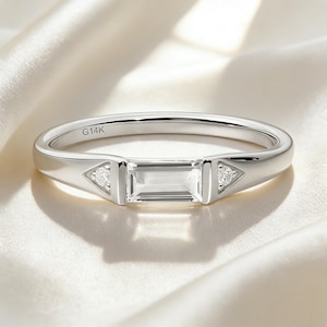 Baguette Natural White Topaz Ring, 14K White Gold, Minimalist Stacking Band, Handmade Rectangular Ring