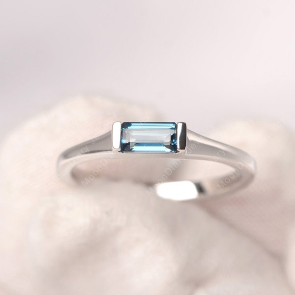 Dainty London Blue Topaz Ring Minimalist Solitaire Ring White Gold Engagement Ring Rectangle Ring