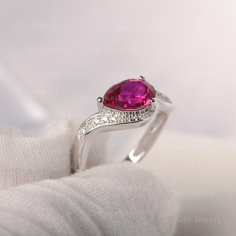 Pear Ruby Ring Solid Silver Cluster Ring Halo Promise Ring for Women image 2