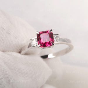 Radiant Ruby Ring Asscher Shaped Three Stone Ring July Birthstone Engagement Ring