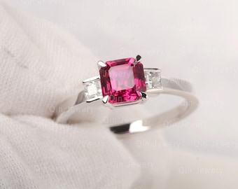 Radiant Ruby Ring Asscher Shaped Three Stone Ring July Birthstone Engagement Ring