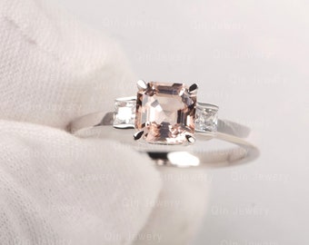 Pink Morganite Ring Three Stone Asscher Cut Ring Personalized Engagement Ring