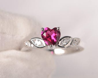 Delicate Ruby Ring Heart Shaped July Birthstone Engagement Ring Cluster Ring Leaves Ring