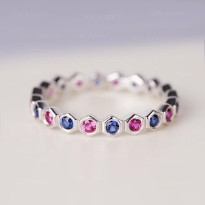 Simple Lab Ruby Sapphire Stackable Eternity Band Unique Hexagon July September Birthstone Ring for Women