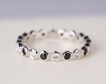 Dainty Black Spinel Cubic Zirconia Stackable Ring Band Sterling Silver Customized Hexagon Eternity Ring for Women