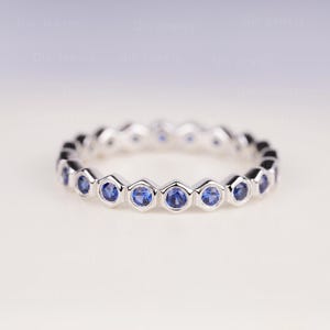 Delicate Lab Sapphire Stackable Eternity Band Unique Silver Hexagon Blue Stone September Birthstone Ring for Women