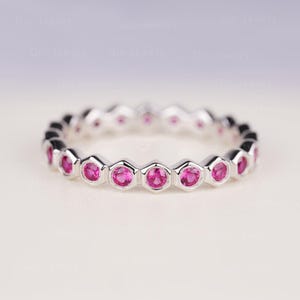Sterling Silver Lab Ruby Stackable Eternity Band Red Stone Hexagon July Birthstone Ring for Girls
