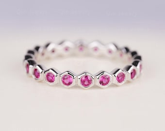 Sterling Silver Lab Ruby Stackable Eternity Band Red Stone Hexagon July Birthstone Ring for Girls