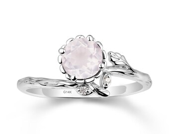 Vintage 6*6mm Natural Rose Quartz Flower Inspired Engagement Ring Pink Crystal January Birthstone Sterling Silver/Solid Gold Ring Women Ring