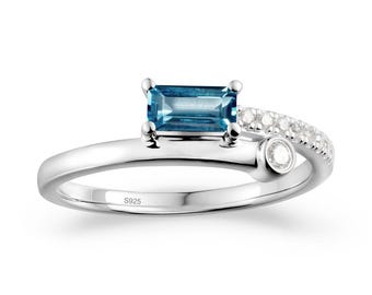 Toi Et Moi London Blue Topaz Ring, Sterling Silver, Baguette and Round Shaped December Birthstone Wedding Ring, Gift for Her
