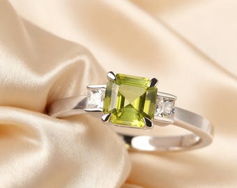 Natural Peridot Ring Asscher Cut Engagement Ring August Birthstone Ring
