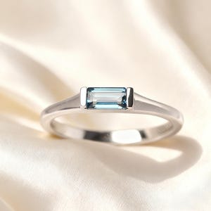 Dainty Baguette London Blue Topaz Ring Minimalist Sterling Silver Solitaire Ring White Gold Engagement Ring Rectangle Ring