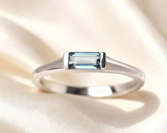 Dainty Baguette London Blue Topaz Ring Minimalist Sterling Silver Solitaire Ring White Gold Engagement Ring Rectangle Ring