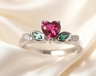 Ruby Ring Sterling Silver Heart Cut July Birthstone Engagement Ring for Women