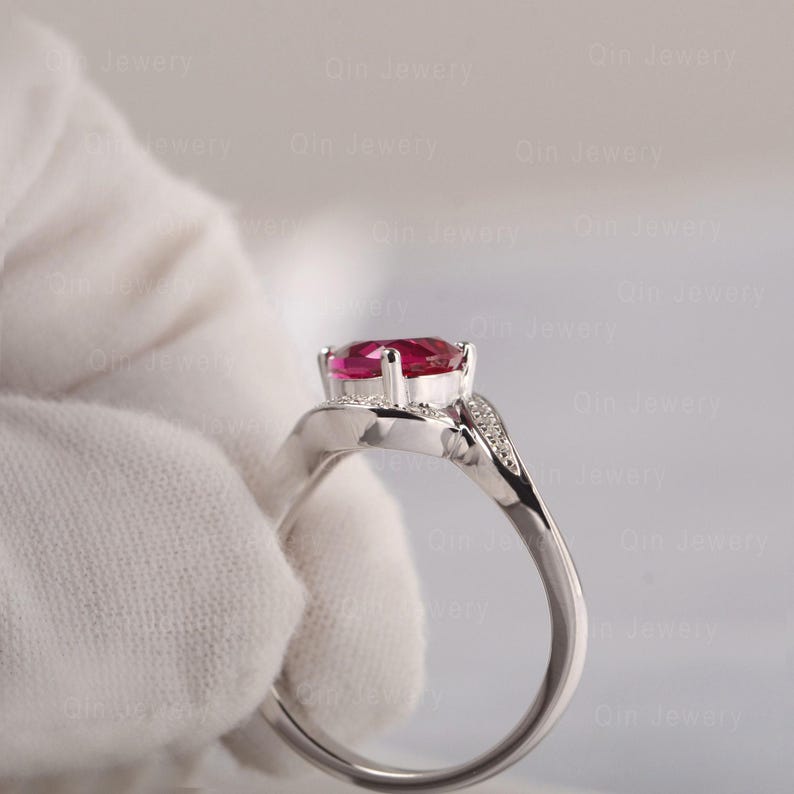 Pear Ruby Ring Solid Silver Cluster Ring Halo Promise Ring for Women image 4