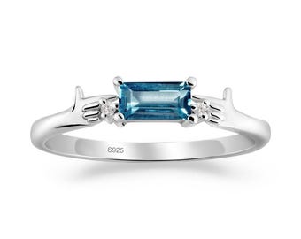 Horizontal London Blue Topaz Wedding Ring, Sterling Silver, Hand Inspired, December Birthstone Ring, Handmade Jewelry for Her