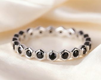 Simple Black Spinel Stack Band Sterling Silver Black Stone Hexagon Stackable Wedding Ring for Women Full Eternity Band Wedding Promise Band