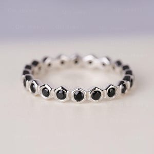 Simple Black Spinel Stack Band Sterling Silver Black Stone Hexagon Stackable Wedding Ring for Women