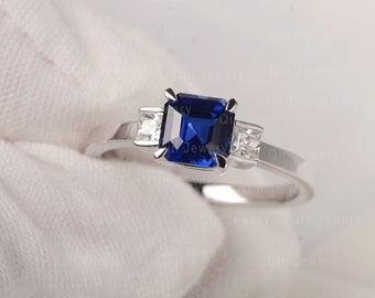 Blue Sapphire Ring September Birthstone Asscher Cut Ring Three Stone Engagement Ring