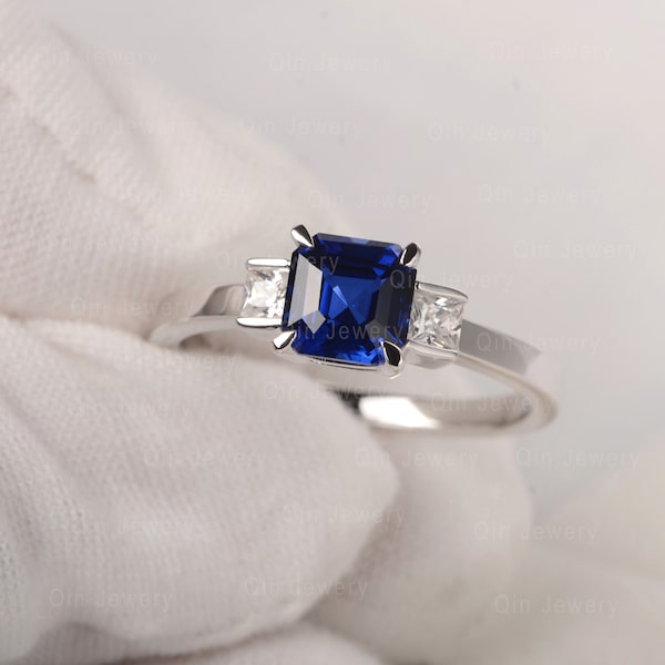 Blue Sapphire Ring September Birthstone Asscher Cut Ring Three Stone Engagement Ring