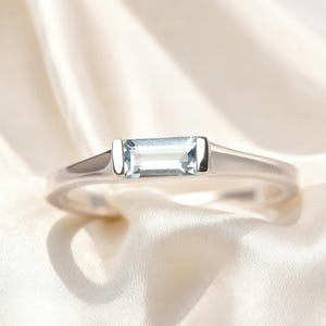 Baguette Aquamarine Ring, Solitaire Sterling Silver Minimalist Ring