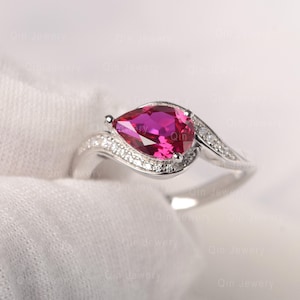 Pear Ruby Ring Solid Silver Cluster Ring Halo Promise Ring for Women image 1