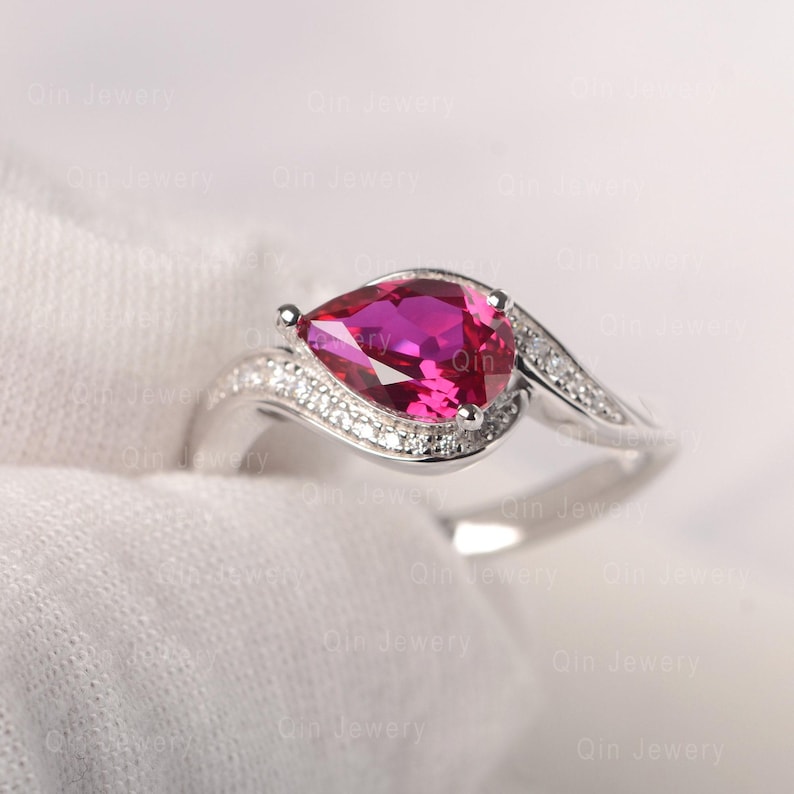 Pear Ruby Ring Solid Silver Cluster Ring Halo Promise Ring for Women image 1