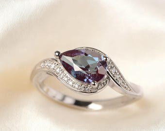 Alexandrite Ring Pear Cut Unique Design Ring Halo Engagement Ring for Women
