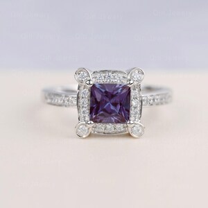 Alexandrite Princess Cut Ring  Elegant Design with Dazzling Halo June Birthstone--Captivating Elegance