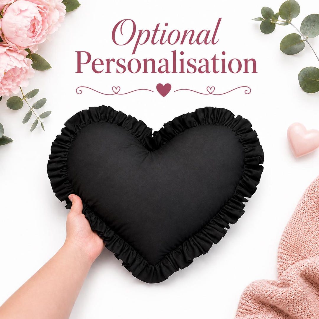 Personalised Luxury Black Frilled Heart Cushion Black Decor Heart