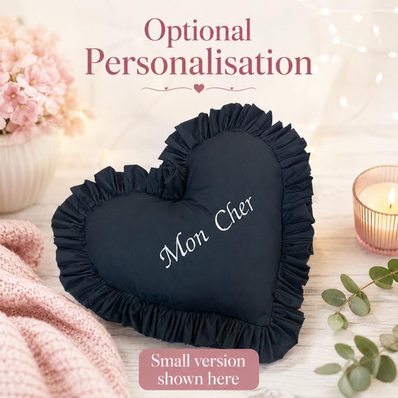 Personalised Luxury Black Frilled Heart Cushion Black Decor Heart