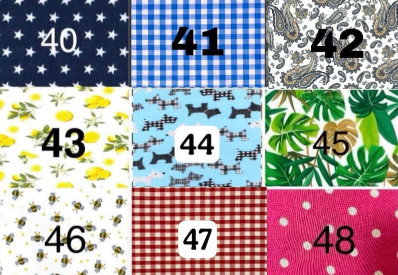 May include: A grid of nine fabric swatches labeled 40 through 48. Patterns include navy stars, blue gingham, paisley, lemons, black dogs on light blue, tropical leaves, bees, red gingham, and pink fabric with white polka dots.