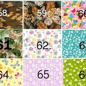Peut inclure: &Eacute;chantillons de tissu avec divers motifs. Comprend camouflage, feuilles tropicales, cupcakes, gnomes, motifs floraux, papillons et marguerites. Chaque &eacute;chantillon est num&eacute;rot&eacute;. Id&eacute;al pour les projets de couture et de bricolage.